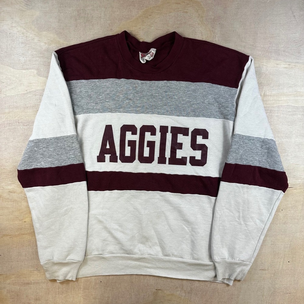 Vintage Nutmeg Mills Aggies Sweatshirt Maroon Colorblock Striped Mens Large USA